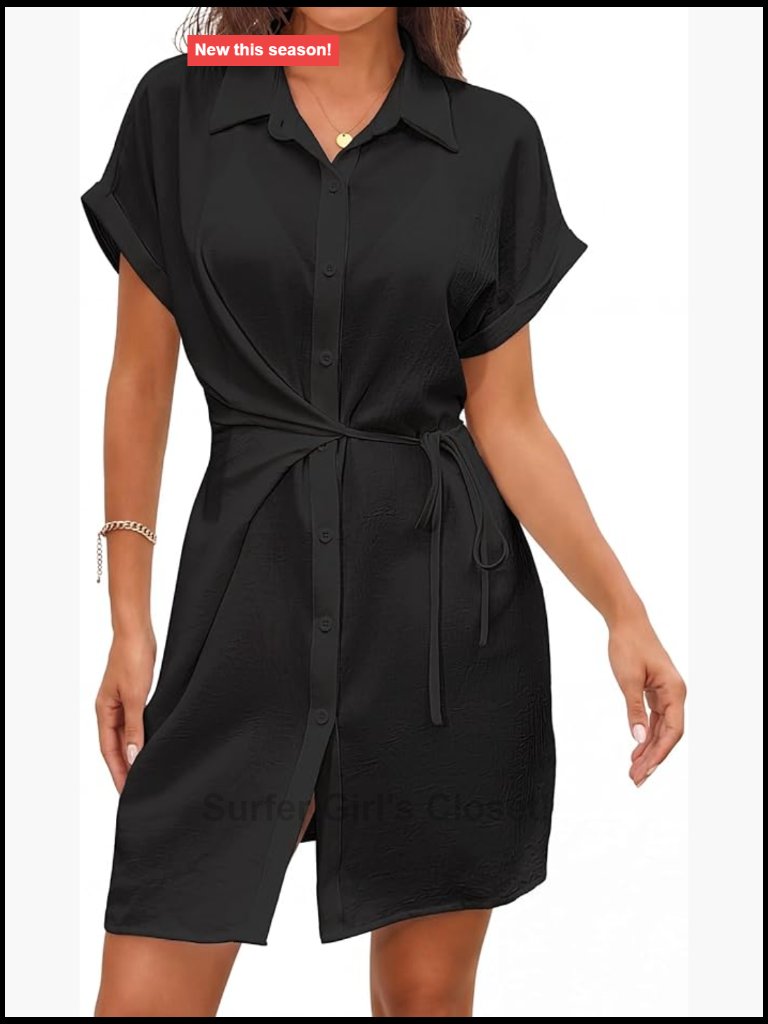 Tie Waist Button Down Swim Cover Up Dress Short Sleeve Lightweight Quick Dry